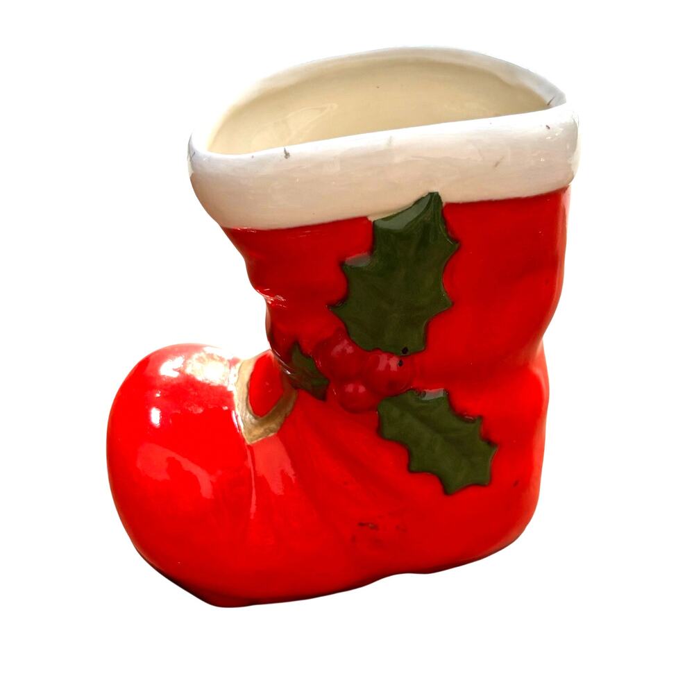 Vintage Christmas Planter Vase Santa’s red boot ceramic holly motif retro 60s